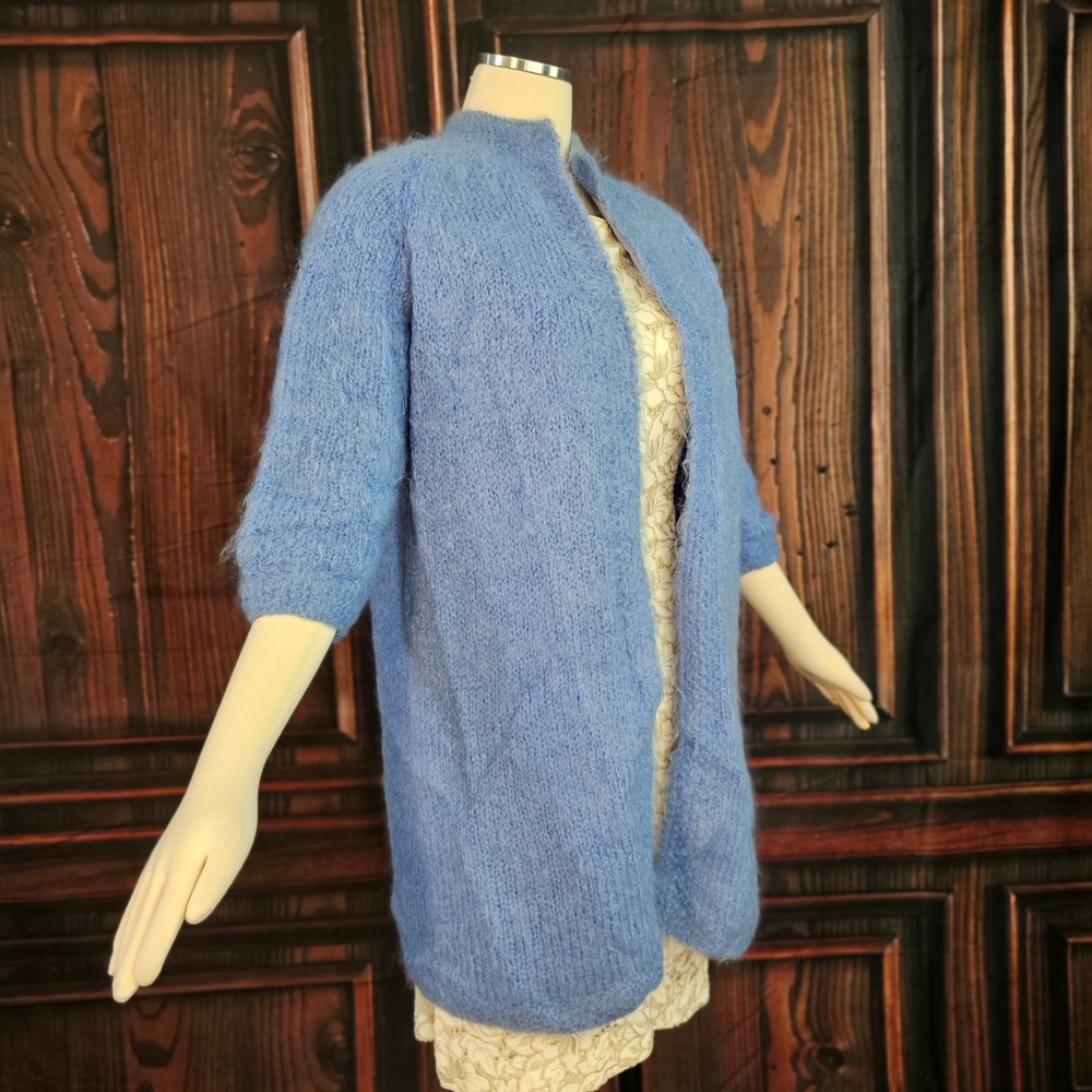 Vintage 1960s Mohair Wool Patty Snell Hand Knit Shaggy Cardigan Coat Blue Lined
